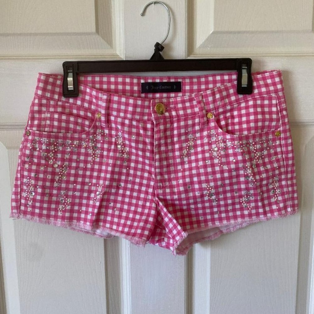 Juicy Couture 90%Cotton Shorts Crystal Embellishment in Pink/White Gingham Sz 28
